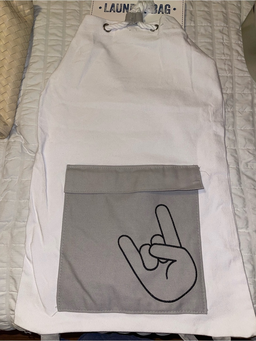 Canvas Laundry Bag with Front Pocket - White & Gray